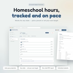 May include: A digital homeschool hours tracking software interface displaying student progress, subject-specific time logs, and a generated PDF report. The screen features text including Homeschool hours, tracked and on pace, Auto pace projection, and One-click PDF report.