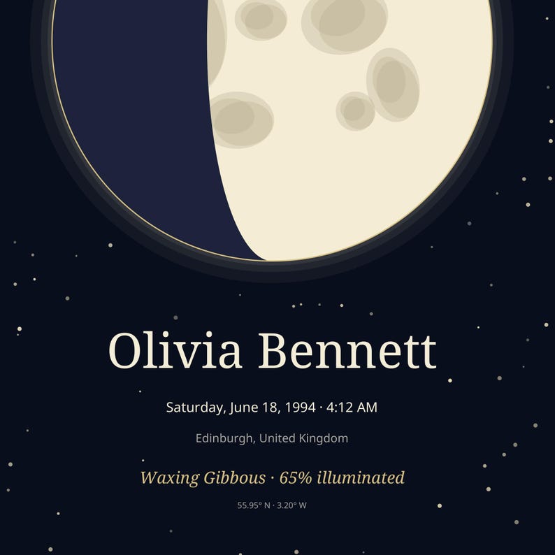 Moon Phase Birthday Print, Personalized Lunar Poster of the Day You Were Born, Birth Gift for Her or Him, Family Option, Printable PDF image 3
