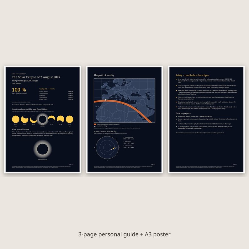 Solar Eclipse 2027 Personalized Guide and Poster for Your Town, Exact Times on 2 August, Path of Totality Map, Spain Egypt, Printable PDF image 3