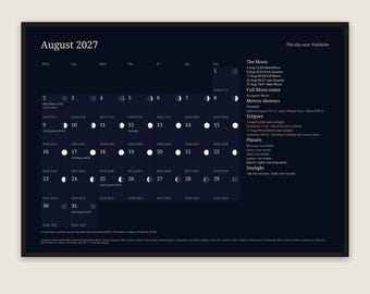 Stargazing Calendar 2027 for Your Town, Lunar Moon Phases, Meteor Showers, Eclipses, Planets, Sunrise and Sunset Times, Printable PDF