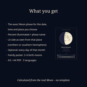 Moon Phase Birthday Print, Personalized Lunar Poster of the Day You Were Born, Birth Gift for Her or Him, Family Option, Printable PDF image 5
