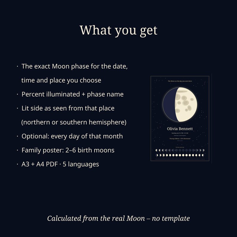 Moon Phase Birthday Print, Personalized Lunar Poster of the Day You Were Born, Birth Gift for Her or Him, Family Option, Printable PDF image 5