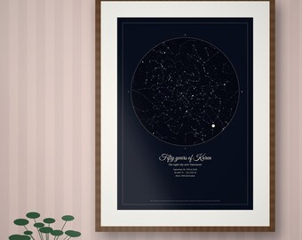 Constellation Map for a 50th Birthday, Navy and Gold Design, Stars Above Your Place, Gift for Mom or Dad, Printable A4 A3 A2