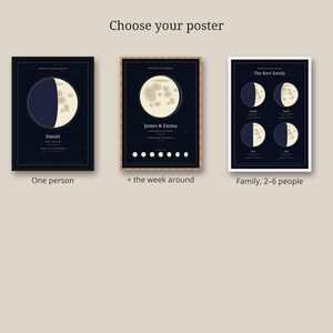 Moon Phase Birthday Print, Personalized Lunar Poster of the Day You Were Born, Birth Gift for Her or Him, Family Option, Printable PDF image 4