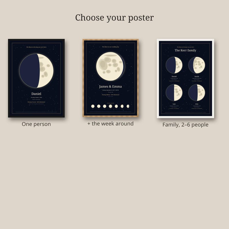 Moon Phase Birthday Print, Personalized Lunar Poster of the Day You Were Born, Birth Gift for Her or Him, Family Option, Printable PDF image 4
