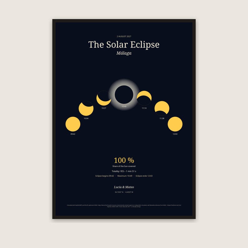 Solar Eclipse 2027 Personalized Guide and Poster for Your Town, Exact Times on 2 August, Path of Totality Map, Spain Egypt, Printable PDF image 1