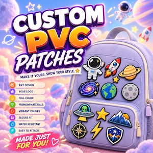 May include: A light purple backpack decorated with various space-themed PVC patches including an astronaut, rocket, planets, galaxy, UFO, compass, and mountain emblems. The image features text reading CUSTOM PVC PATCHES and MAKE IT YOURS.