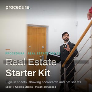 May include: A digital product advertisement titled Procedura Real Estate Starter Kit featuring a person in a dark suit holding a black folder near a wooden door and staircase. The text includes Sign-in sheets, showing scorecards and net sheets.