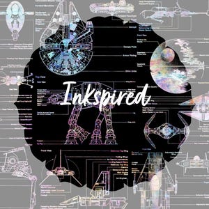 May include: A technical blueprint poster featuring various science fiction spacecraft and vehicles in a watercolor-style gradient of blue, pink, and purple. The word Inkspired is written in white script across the center of the black background.