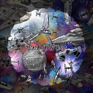 May include: A digital illustration featuring various starships and a spherical space station set against a colorful nebula background. The word Inkspired is written in a cursive black font across the center of the detailed space scene.