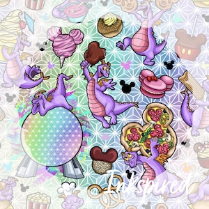 May include: A repeating pattern featuring a purple dragon character interacting with various food items like cotton candy, pizza, and donuts, alongside a geodesic sphere icon and small black mouse-shaped silhouettes on a geometric background.