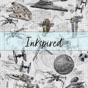 May include: A fabric pattern featuring detailed ink-style sketches of various spaceships and a spherical space station on a light grid background. The word Inkspired is printed in black cursive script across the center of the design.