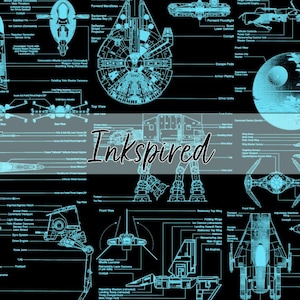 May include: A black print featuring light blue technical schematics of various spacecraft and a space station, with the word Inkspired written in a cursive font across the center, detailing components like cockpits and engines.
