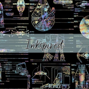 May include: A black poster featuring colorful, iridescent technical schematics of various science fiction spacecraft and vehicles. The diagrams include detailed labels and annotations in white text, with the word Inkspired centered in script.