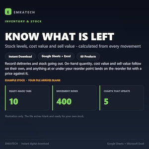 May include: A digital inventory and stock tracking template for Google Sheets and Excel by Emkatech. The dark interface features white text, green accents, and displays 10 ready-made tabs, 400 movement rows, and 5 charts that update automatically.