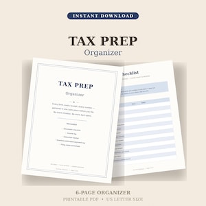 Puede incluir: Un organizador de preparación de impuestos de seis páginas en formato PDF imprimible, tamaño carta de EE. UU. El documento incluye una portada titulada Tax Prep Organizer y una página de lista de verificación con filas azul claro para el seguimiento.