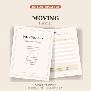 May include: A 5-page printable moving planner in PDF format, US letter size. The cover page features the text MOVING DAY Home Move Planner, with a list of included worksheets. A second page shows a budget tracker with columns for estimated and actual costs.