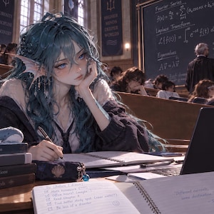 May include: A digital illustration of a student with long teal hair and fin-like ears sitting in a lecture hall. The student is writing in a notebook next to a stack of math textbooks, a black water bottle, a pencil case, and an open laptop.