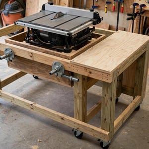 May include: A wooden workbench on casters featuring a mounted table saw. The structure includes a flat plywood surface, a recessed central area for the saw, and two metal pipe handles with circular flanges attached to the front frame.