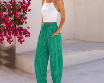 Gestreifte Haremshose, lockere Ballonhose mit Taschen, Boho-Schnitt