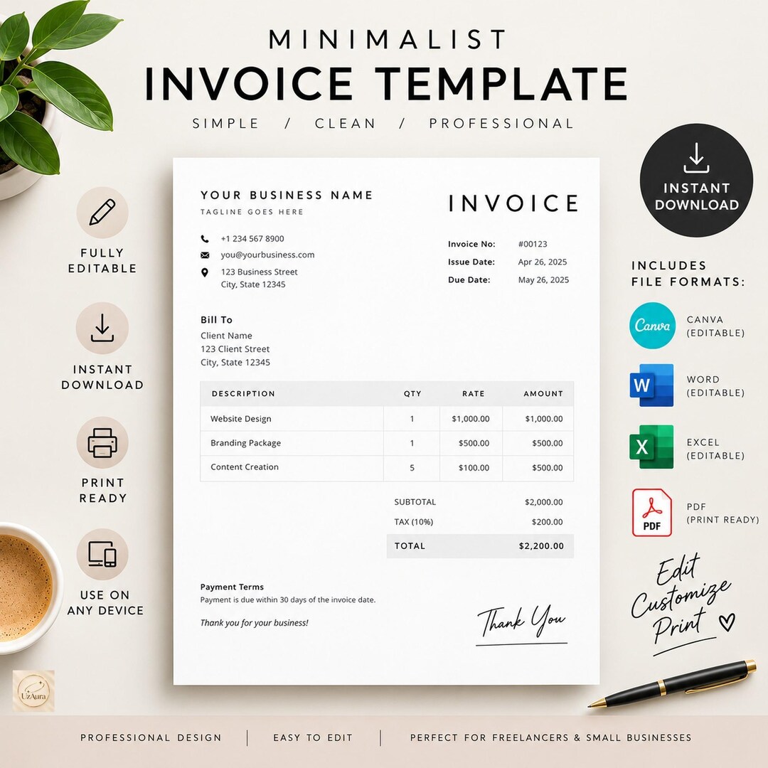 Minimalist Invoice Template, Editable Canva Invoice, Small Business ...