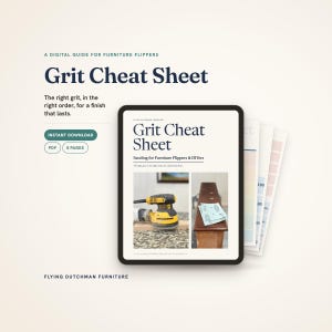 May include: A digital guide titled Grit Cheat Sheet for furniture flippers, presented as a PDF document. The cover displays a yellow and black orbital sander and sandpaper on a wooden surface, with text detailing sanding for furniture flippers and DIYers.