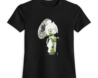 Kokeshi Doll Parasol Fitted Tee, Kawaii Streetwear Stretch T-Shirt, Japanese Manga Art Black Top for Women