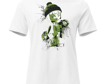 Kokeshi Skater Girl Graphic Tee, Kawaii Streetwear T-Shirt, Graffiti Splatter Manga Art Shirt for Women