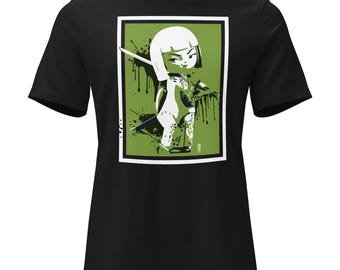 Kokeshi Doll Warrior T-Shirt, Black Kawaii Streetwear Graphic Tee, Manga Graffiti Art Shirt for Women