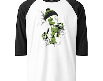 Kokeshi Doll Warrior Raglan Shirt, White Kawaii Streetwear 3/4 Sleeve Baseball Tee, Manga Graffiti Graphic Top