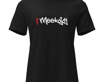 Graffiti Logo T-Shirt with Red Kanji Seal, Japanese Streetwear Tee, Street Art Lettering Top for Women