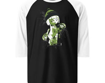 Kokeshi Doll Warrior Raglan Shirt, Black Kawaii Streetwear 3/4 Sleeve Baseball Tee, Manga Graffiti Graphic Top