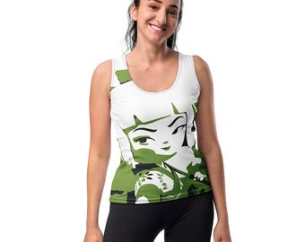 Kokeshi Doll All-Over Print Tank Top, Green Camo Kawaii Streetwear Fitted Tank, Manga Art Stretch Top for Women