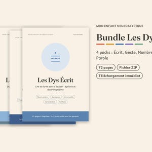 Könnte beinhalten: Ein digitales Bildungsbündel mit dem Titel Bundle Les Dys, das vier Pakete enthält: Écrit, Geste, Nombres und Parole. Das Dokument umfasst 72 Seiten in einem ZIP-Dateiformat mit hellcremefarbenem Hintergrund, blauen Akzenten und klaren Textüberschriften.