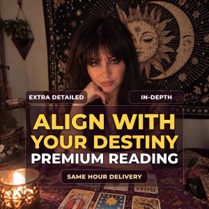 Op de afbeelding: Een persoon met donker haar zit achter een tafel met tarotkaarten en een brandende kaars. Tekstoverlays lezen: EXTRA DETAILED, IN-DEPTH, ALIGN WITH YOUR DESTINY PREMIUM READING en SAME HOUR DELIVERY. Een zon- en maantapijt hangt op de achtergrond.