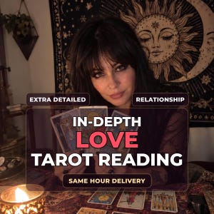 May include: A tarot reading service featuring text that reads EXTRA DETAILED, RELATIONSHIP, IN-DEPTH LOVE TAROT READING, and SAME HOUR DELIVERY. The image displays a person holding three tarot cards with various illustrations, with more cards laid out.