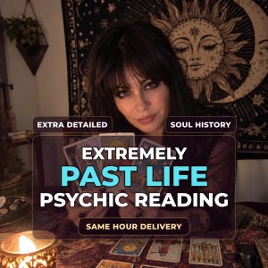 May include: A person with dark hair holding three tarot cards, with text overlay reading EXTRA DETAILED, SOUL HISTORY, EXTREMELY PAST LIFE PSYCHIC READING, and SAME HOUR DELIVERY. A lit candle and additional tarot cards are visible on the table.