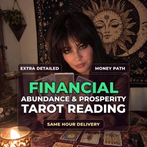 May include: A person holding three tarot cards with a sun and celestial tapestry in the background. Text overlays read: EXTRA DETAILED, MONEY PATH, FINANCIAL ABUNDANCE & PROSPERITY TAROT READING, and SAME HOUR DELIVERY. A lit candle sits in the foreground.