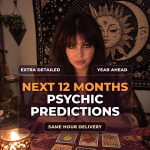 May include: A person with dark hair sits behind a table with tarot cards and a lit candle. Text overlays read: EXTRA DETAILED, YEAR AHEAD, NEXT 12 MONTHS PSYCHIC PREDICTIONS, and SAME HOUR DELIVERY. A black and gold sun and moon tapestry hangs behind.