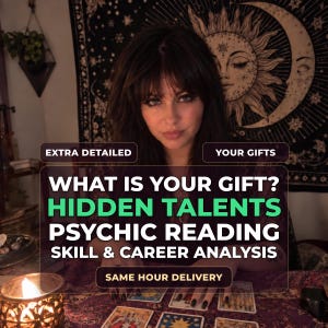 Può includere: Un annuncio per un servizio di lettura psichica con il testo: EXTRA DETAILED YOUR GIFTS WHAT IS YOUR GIFT? HIDDEN TALENTS PSYCHIC READING SKILL & CAREER ANALYSIS SAME HOUR DELIVERY. L'immagine mostra una persona con capelli scuri.
