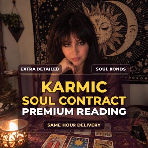 May include: A person with dark hair sits behind a table with tarot cards and a lit candle. Text overlays read: EXTRA DETAILED, SOUL BONDS, KARMIC SOUL CONTRACT PREMIUM READING, and SAME HOUR DELIVERY. A sun and moon tapestry hangs in the background.