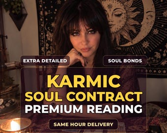 Könnte beinhalten: Eine Person mit dunklem Haar sitzt an einem Tisch mit Tarotkarten und einer brennenden Kerze. Textüberlagerungen: EXTRA DETAILED, SOUL BONDS, KARMIC SOUL CONTRACT PREMIUM READING, SAME HOUR DELIVERY. Im Hintergrund hängt ein Wandbehang mit Sonne und Mond.