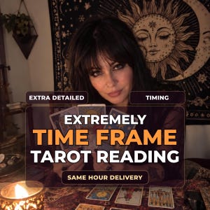 May include: A tarot reading service featuring the text "EXTRA DETAILED", "TIMING", "EXTREMELY TIME FRAME TAROT READING", and "SAME HOUR DELIVERY". The image displays a person holding three tarot cards with a lit candle and additional cards on a table.