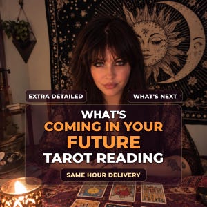 May include: A tarot reading service advertisement featuring a person with dark hair, a black lace top, and a sun and moon tapestry. Text reads: EXTRA DETAILED, WHAT'S NEXT, WHAT'S COMING IN YOUR FUTURE TAROT READING, and SAME HOUR DELIVERY.