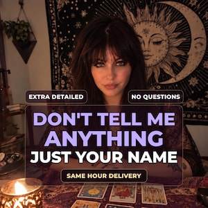 May include: A digital graphic featuring a person with dark hair and text that reads: EXTRA DETAILED, NO QUESTIONS, DON'T TELL ME ANYTHING JUST YOUR NAME, and SAME HOUR DELIVERY. The background shows a sun and moon tapestry and tarot cards.