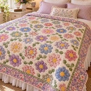May include: A bed quilt featuring a repeating floral pattern of hexagon-shaped flowers in shades of pink, blue, yellow, and purple on a cream background, with green leaf accents and a wide border of small floral prints and white lace trim.