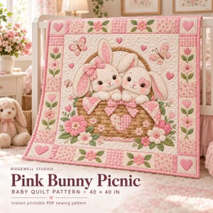 May include: A square baby quilt featuring two white bunnies in a woven basket, surrounded by pink flowers, butterflies, and hearts. The text reads: RIDGEWELL STUDIOS Pink Bunny Picnic BABY QUILT PATTERN 40 x 40 IN Instant printable PDF sewing pattern.