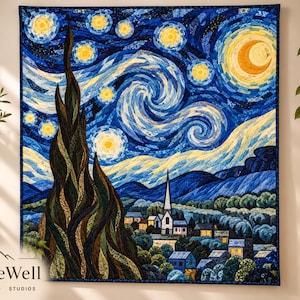 May include: A rectangular fabric wall hanging featuring a quilted interpretation of a night landscape with a large cypress tree in the foreground, a village with a church spire, and a swirling blue sky with yellow stars and a crescent moon.