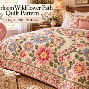 May include: A quilt featuring a floral pattern with pink, blue, and yellow flowers on a cream background. The text reads Heirloom Wildflower Path Quilt Pattern, Digital PDF Pattern, and Instant Download Digital PDF Pattern.