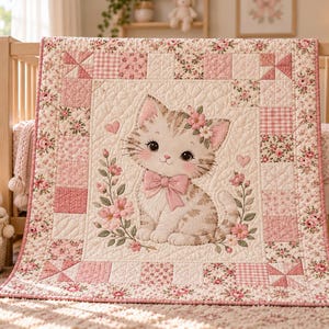 May include: A rectangular baby quilt featuring a central illustration of a kitten with a pink bow, surrounded by floral and gingham patchwork borders in shades of cream and pink. The kitten is accented with small pink flowers and hearts.